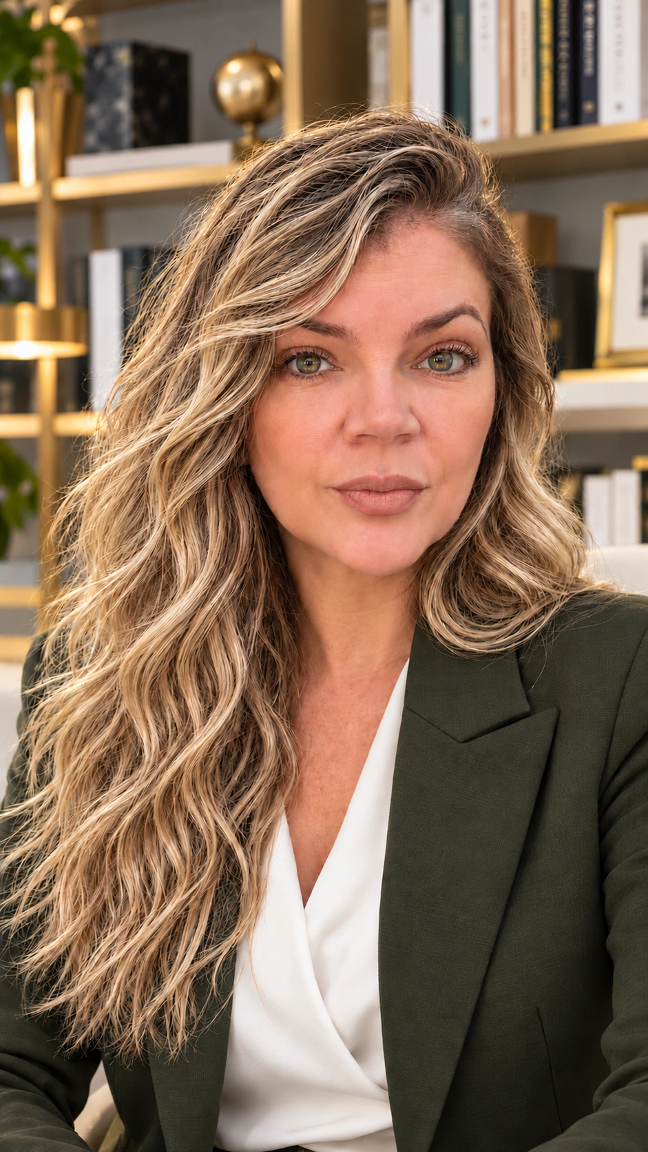 Retrato editorial de Marinilda Nascimento, com cabelo solto, blazer verde-oliva e blusa marfim, numa biblioteca